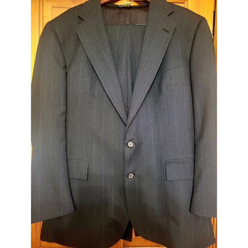 Polo University Club Suit Mens 38 Black Blue Striping 2 Button Wool 90s VTG